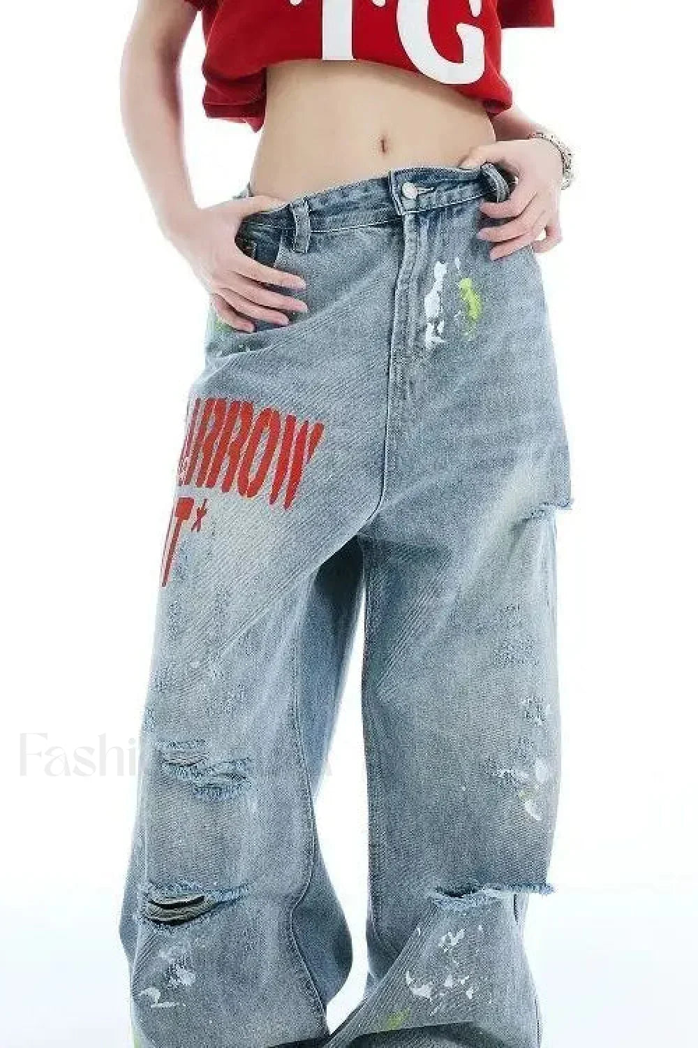 Washed Embroidered Loose Jeans