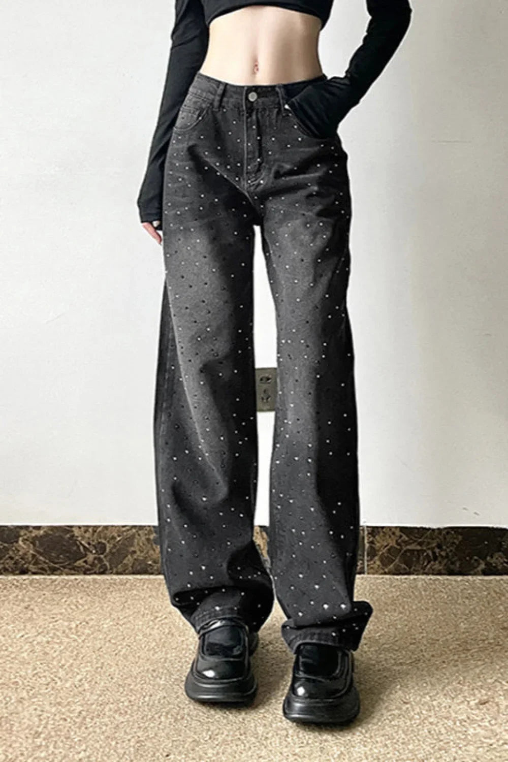 Washed Gradient Rhinestone Jeans Grey / S