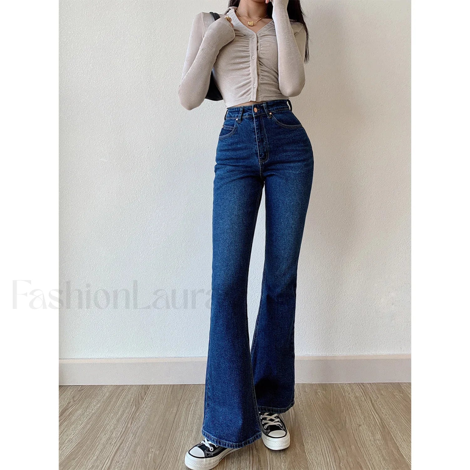 Washed High Waist Trendy Slim Flare Jeans Dark Blue / M women clothing