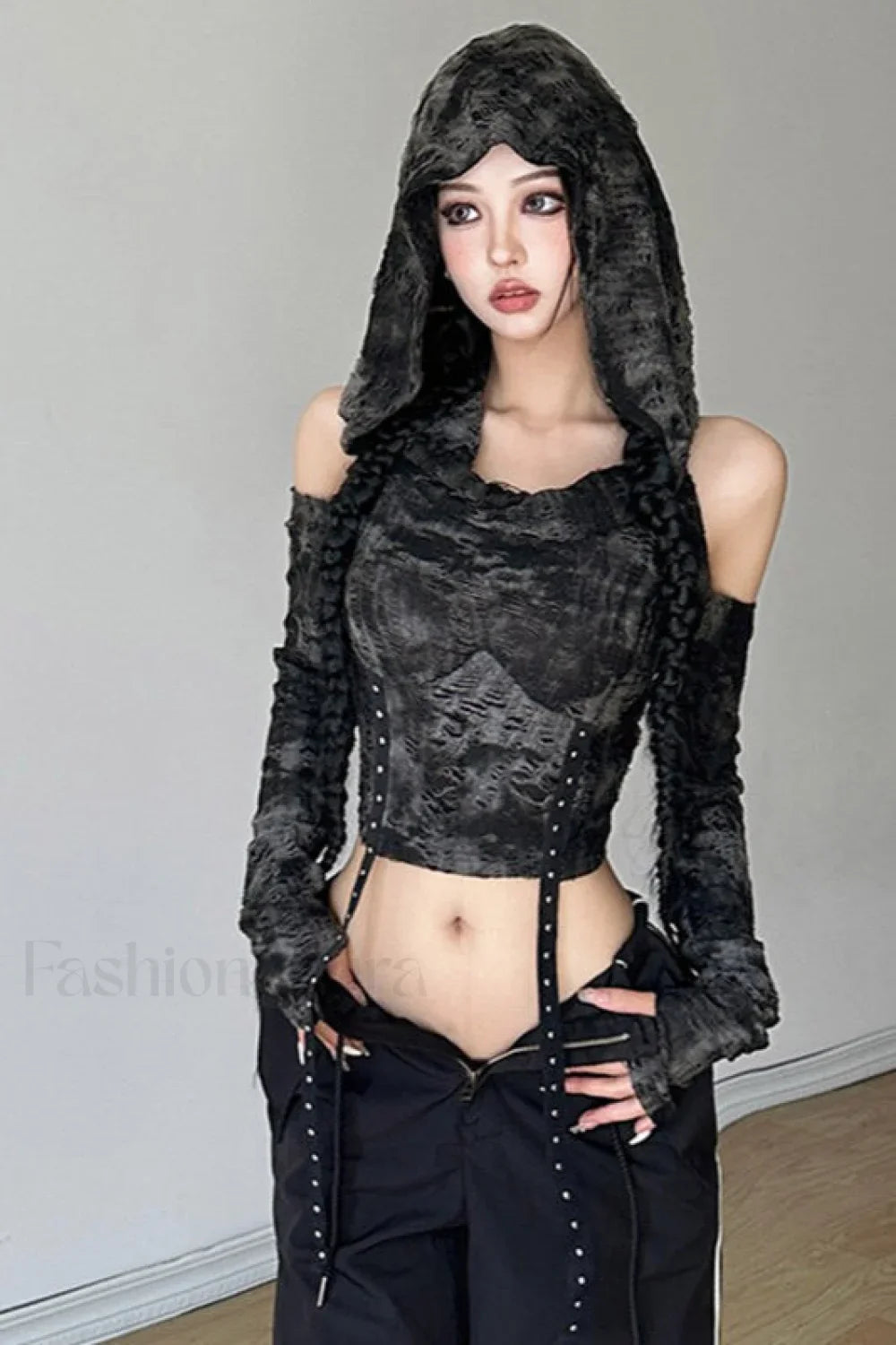 Wasteland Style Distressed Shoulder Hoodie Black Grey / S