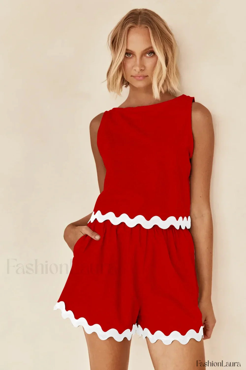 Wave Stripe Patchwork O Neck Tops Fashion Shorts Two Piece Set