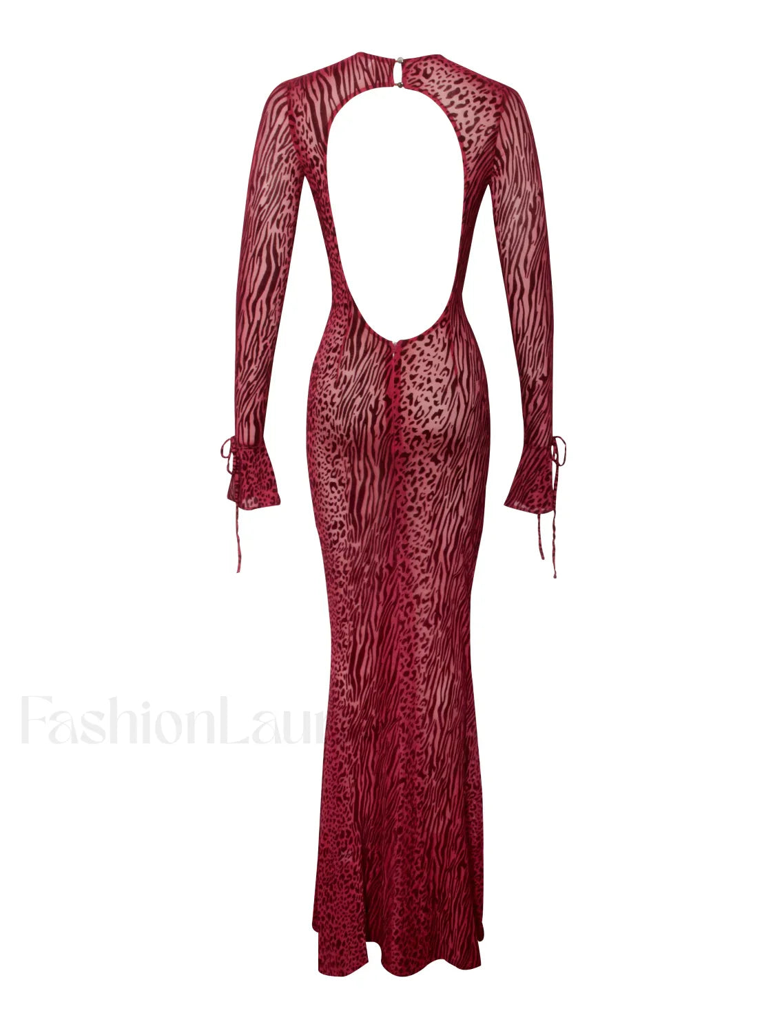 Waylynn Burgundy Burnout Velvet Graceful Detail Mesh Backless Maxi Dress