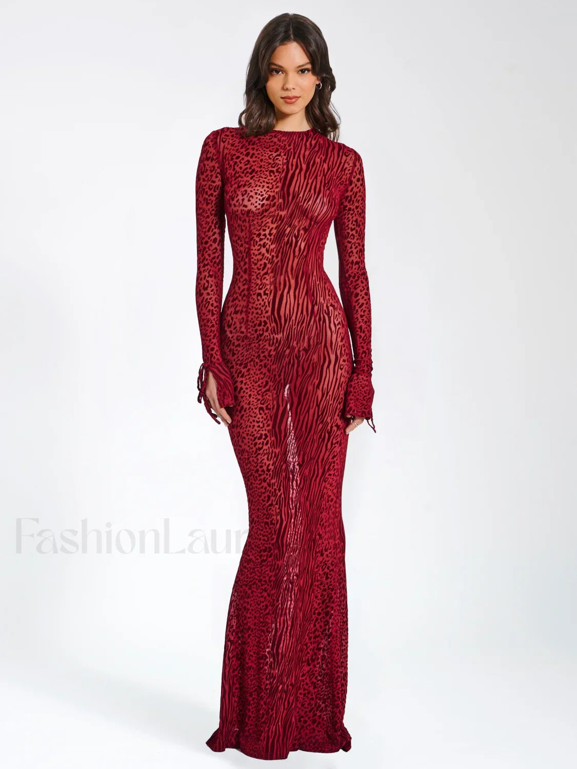 Waylynn Burgundy Burnout Velvet Graceful Detail Mesh Backless Maxi Dress