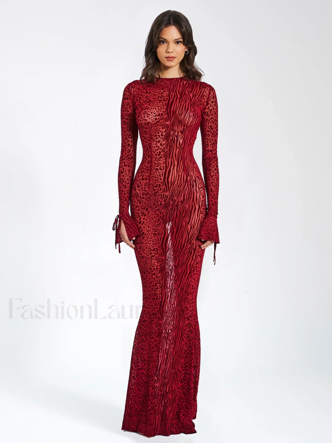 Waylynn Burgundy Burnout Velvet Graceful Detail Mesh Backless Maxi Dress