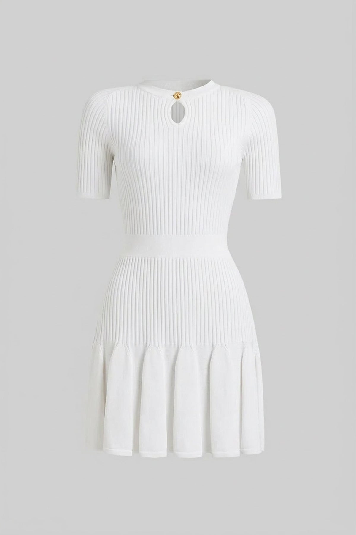 Ribbed Knit Keyhole Neck Short Sleeve Flounce Hem Mini Dress 7
