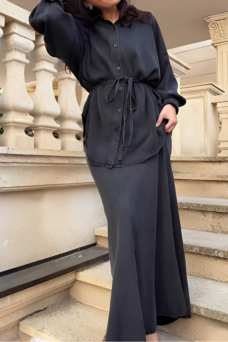 Drawstring Waist Button Front Shirt and Maxi Skirt Two Piece Set 5
