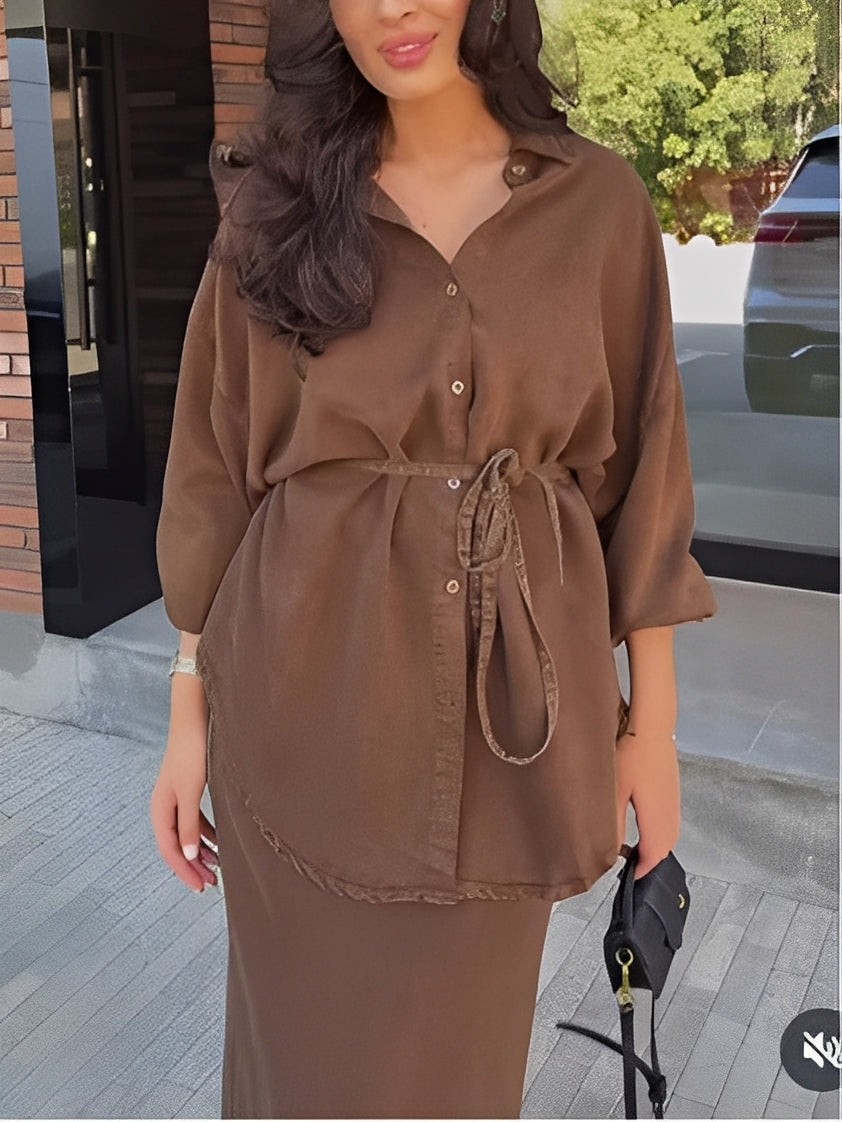 Drawstring Waist Button Front Shirt and Maxi Skirt Two Piece Set 9