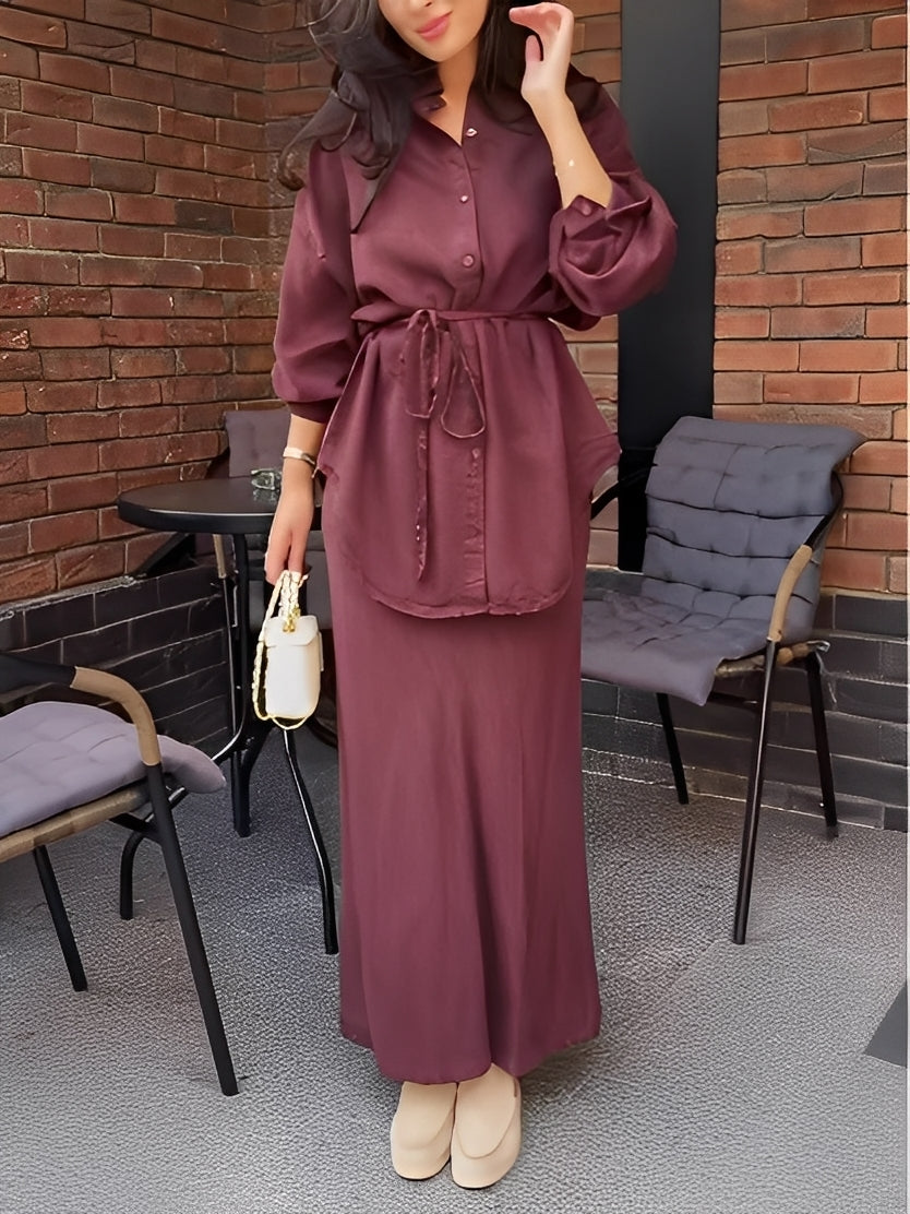 Drawstring Waist Button Front Shirt and Maxi Skirt Two Piece Set 2