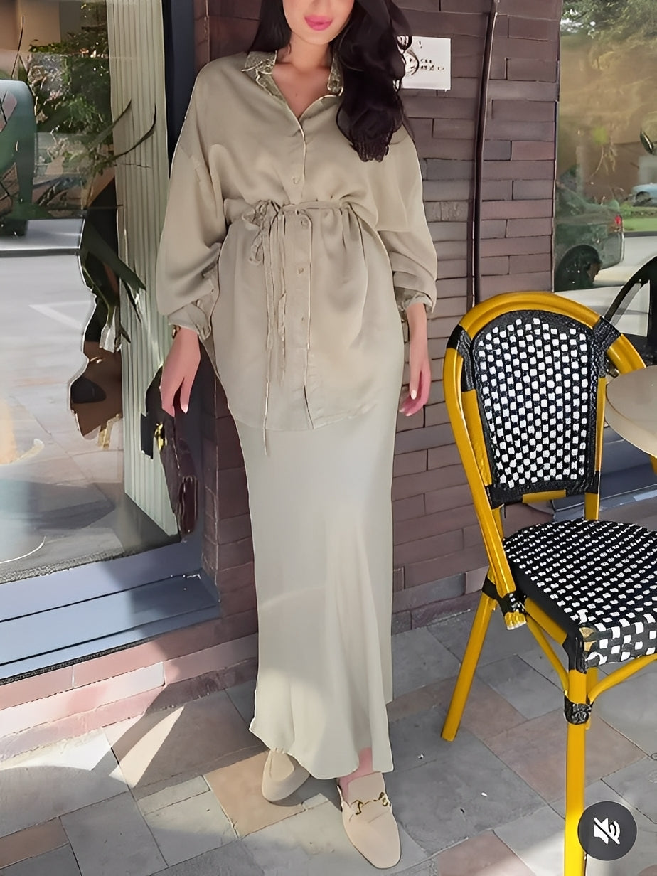 Drawstring Waist Button Front Shirt and Maxi Skirt Two Piece Set 4