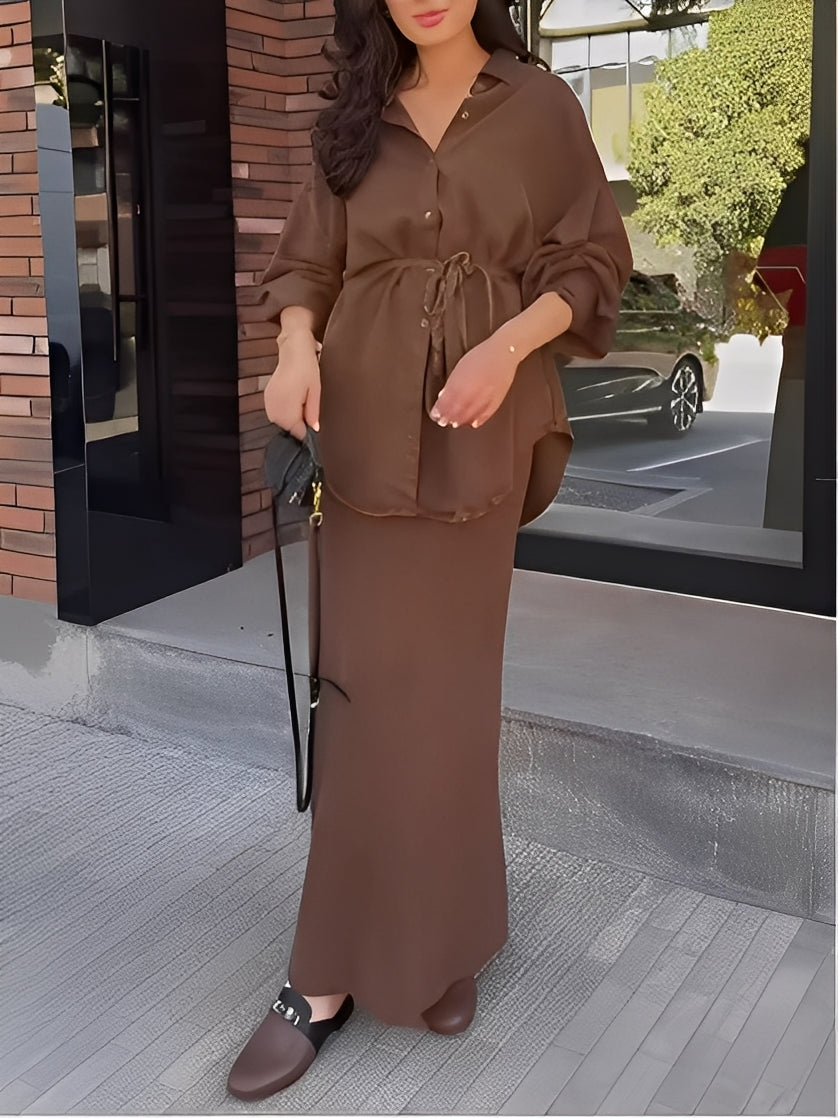 Drawstring Waist Button Front Shirt and Maxi Skirt Two Piece Set 3