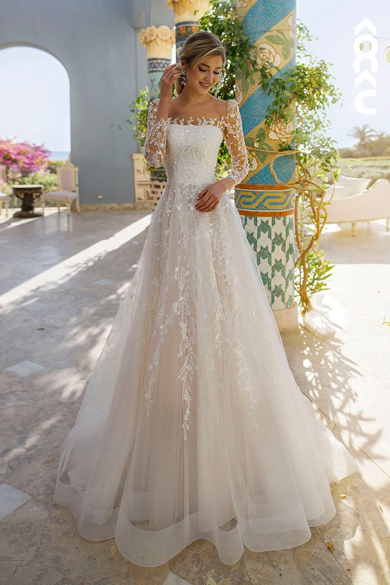 K1882 - Elegant Square Long Lace Sleeves A-Line Wedding Dress With Applique