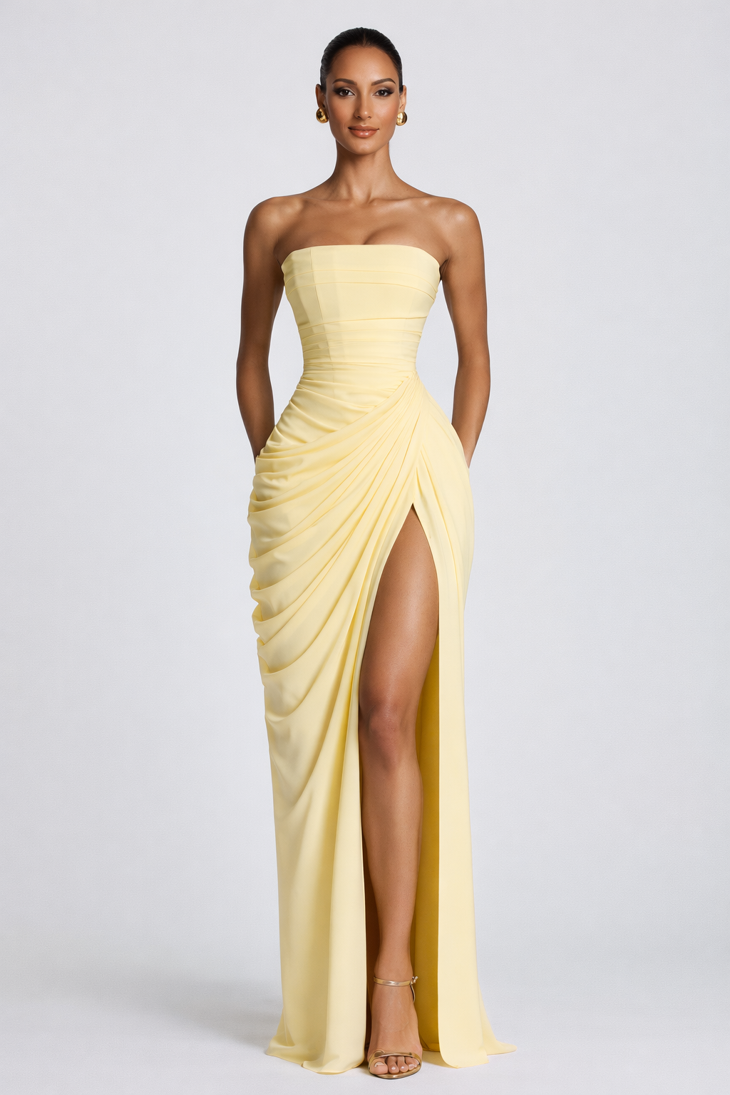 Women's Strapless Maxi Dress Ruched Formal Occasion Dress