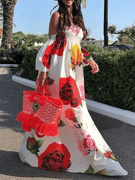 Floral Off Shoulder Smocked Long Sleeve Maxi Dress