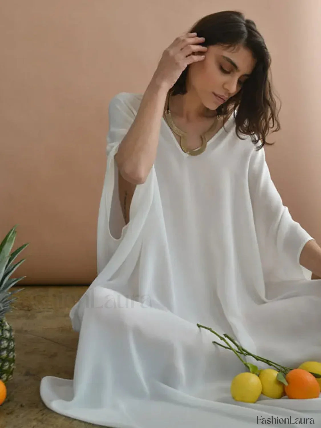 White 3/4 Sleeve V-Neck Cover Up