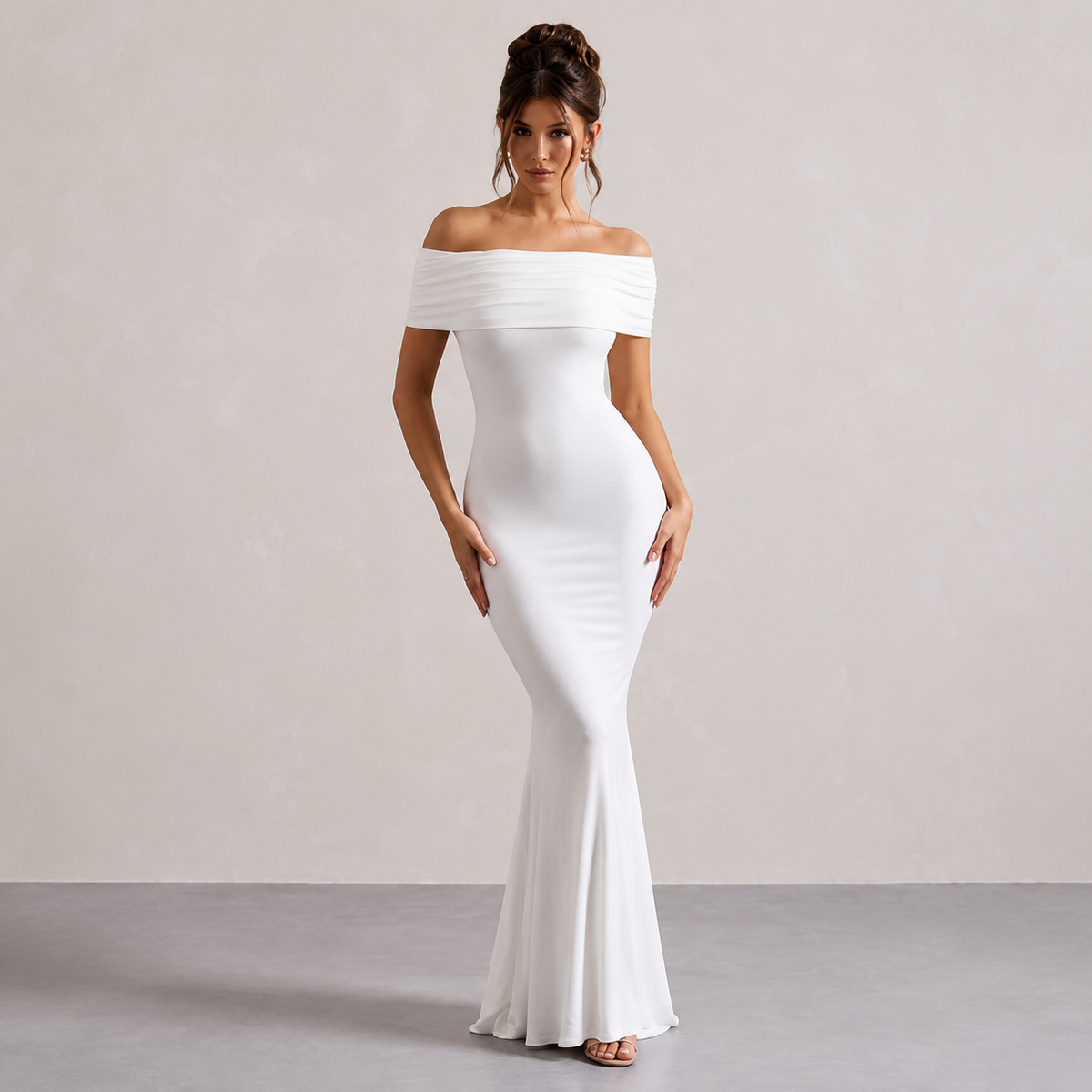 Off Shoulder Foldover Ruched Fishtail Maxi Dress 4