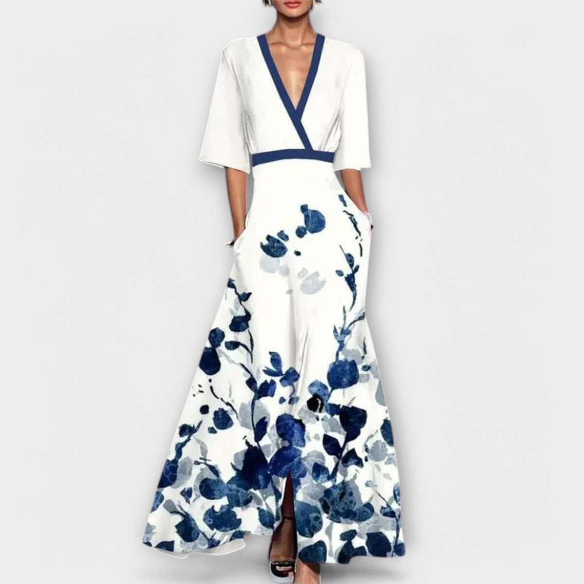 Floral Print V-Neck Long Sleeve Fit and Flare Maxi Dress