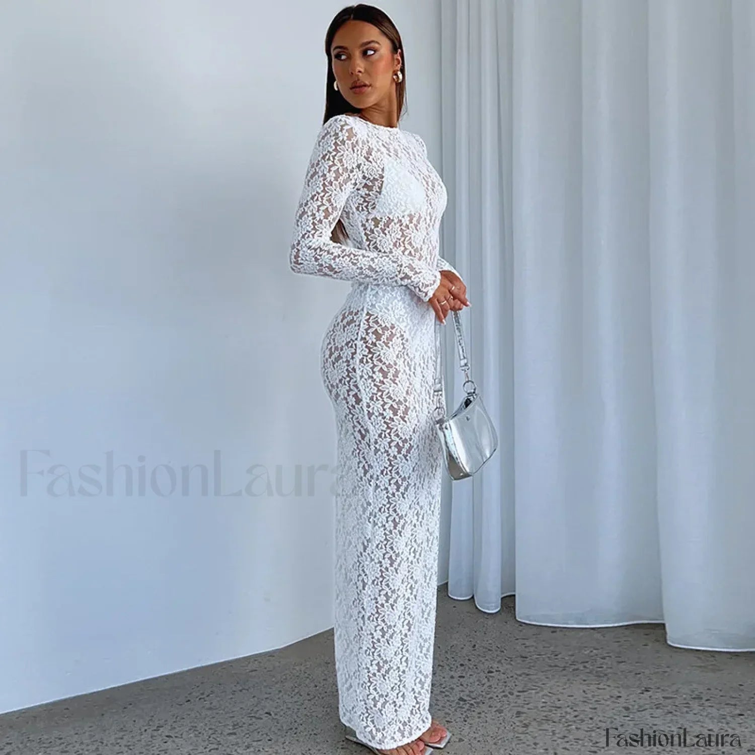 White Black Floral Lace See Through Maxi Autumn Elegant Sexy Party Photoshoot Long Sleeve Lace Dress