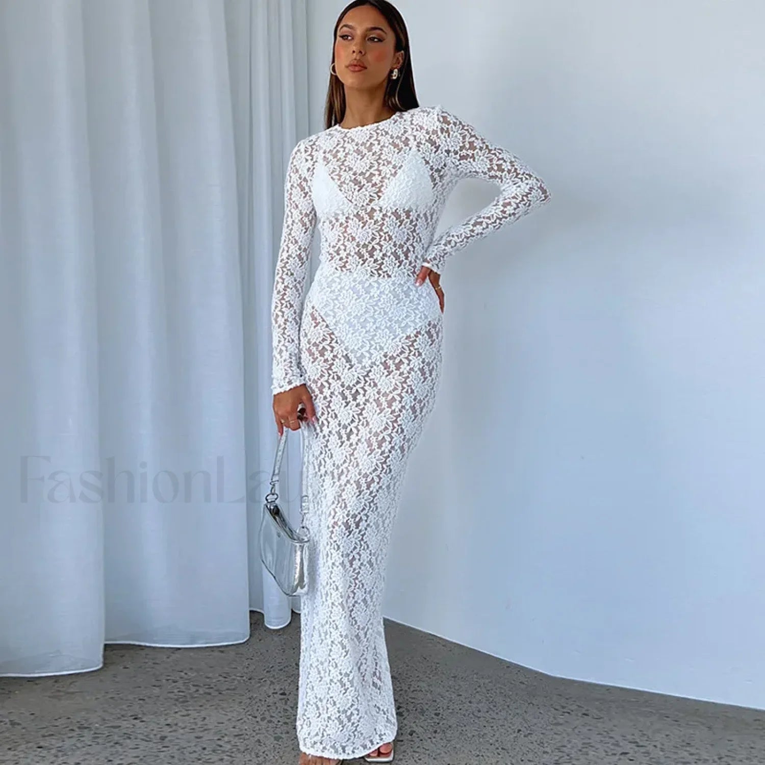 White Black Floral Lace See Through Maxi Autumn Elegant Sexy Party Photoshoot Long Sleeve Lace Dress WHITE / S