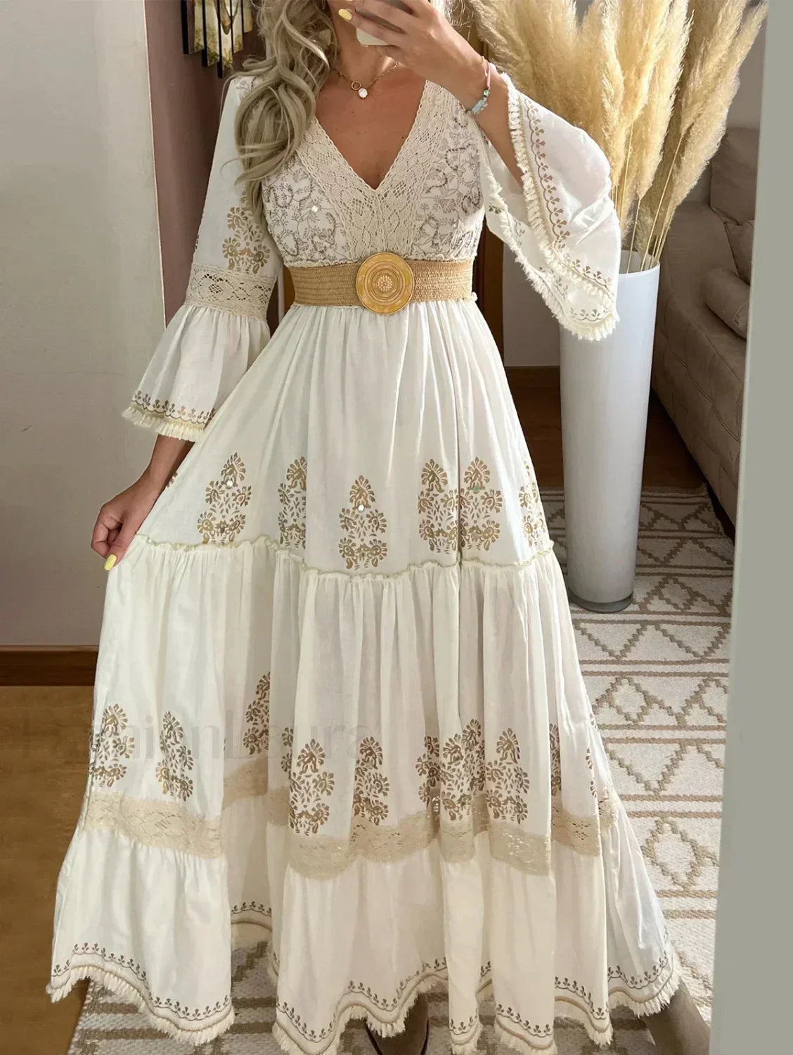 White Flare-Sleeve Ethnic Boho Dress