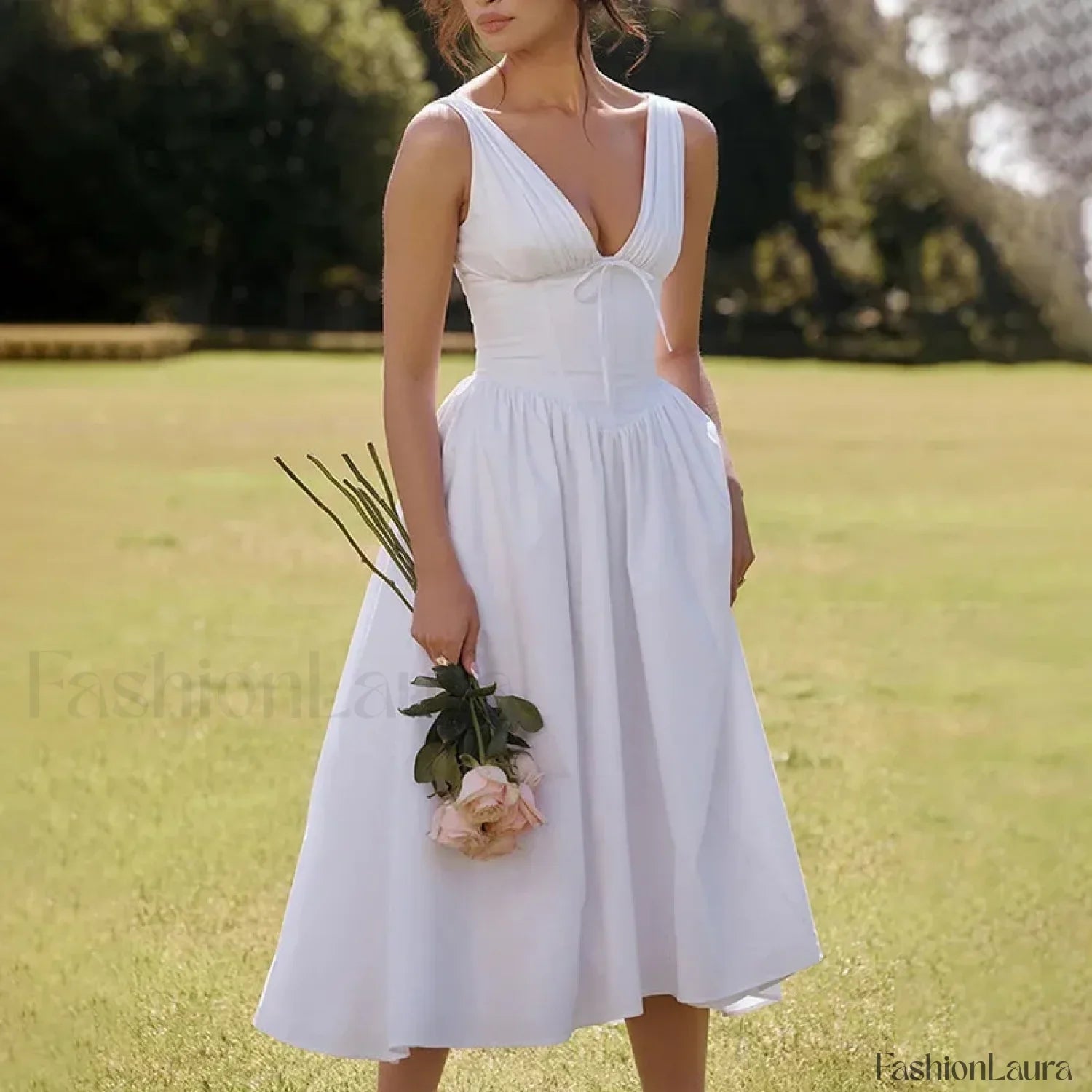 White Floral V-Neck Midi Dress