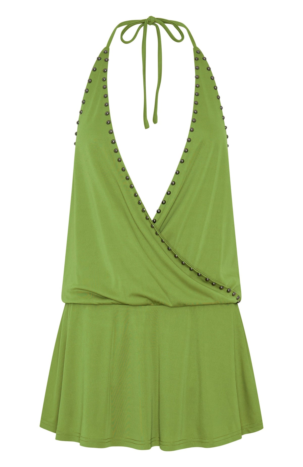 Studded Trim Plunge Halter Neck Draped Mini Dress 7