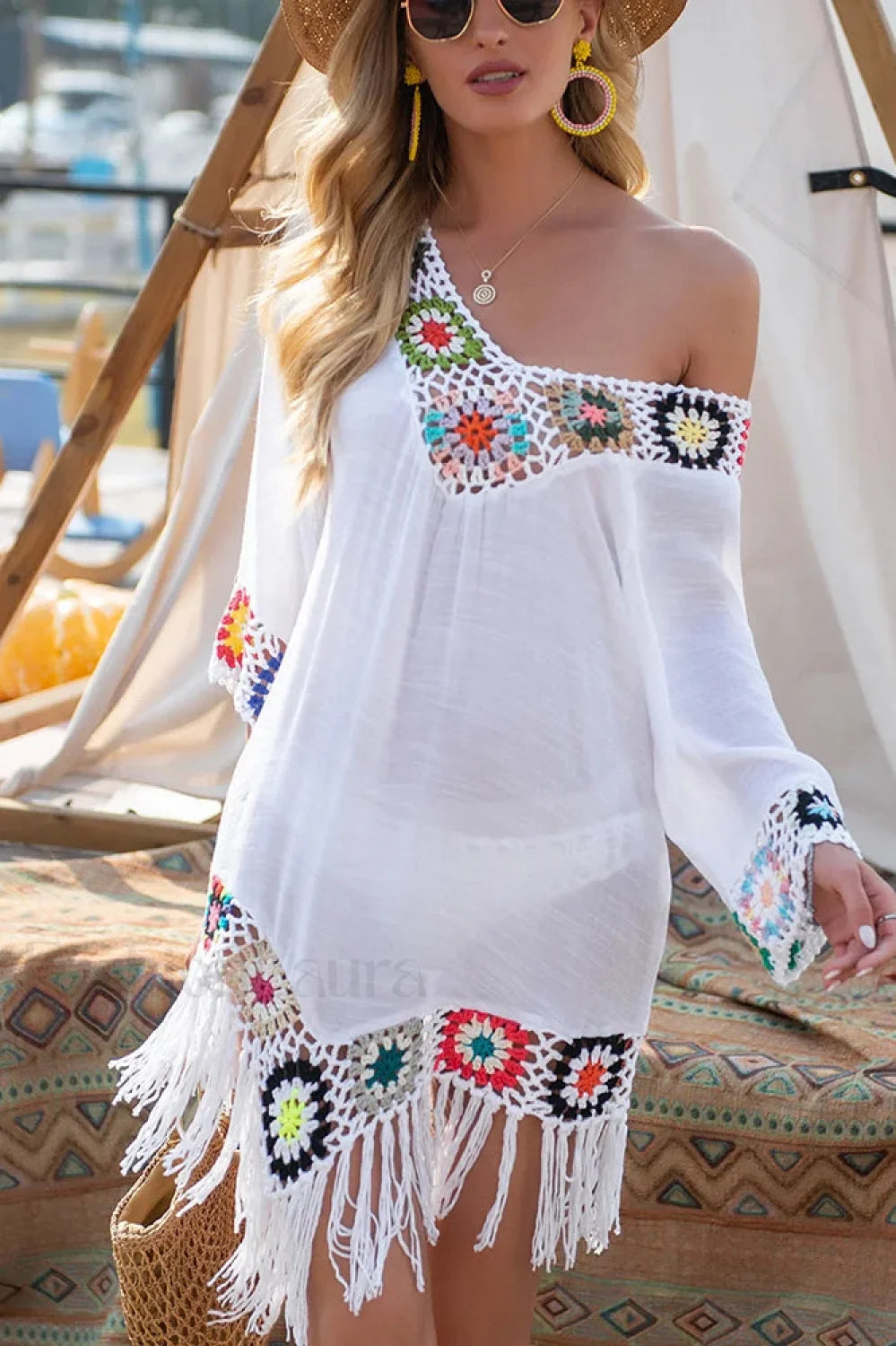 White Fringe Trim Boho Dress