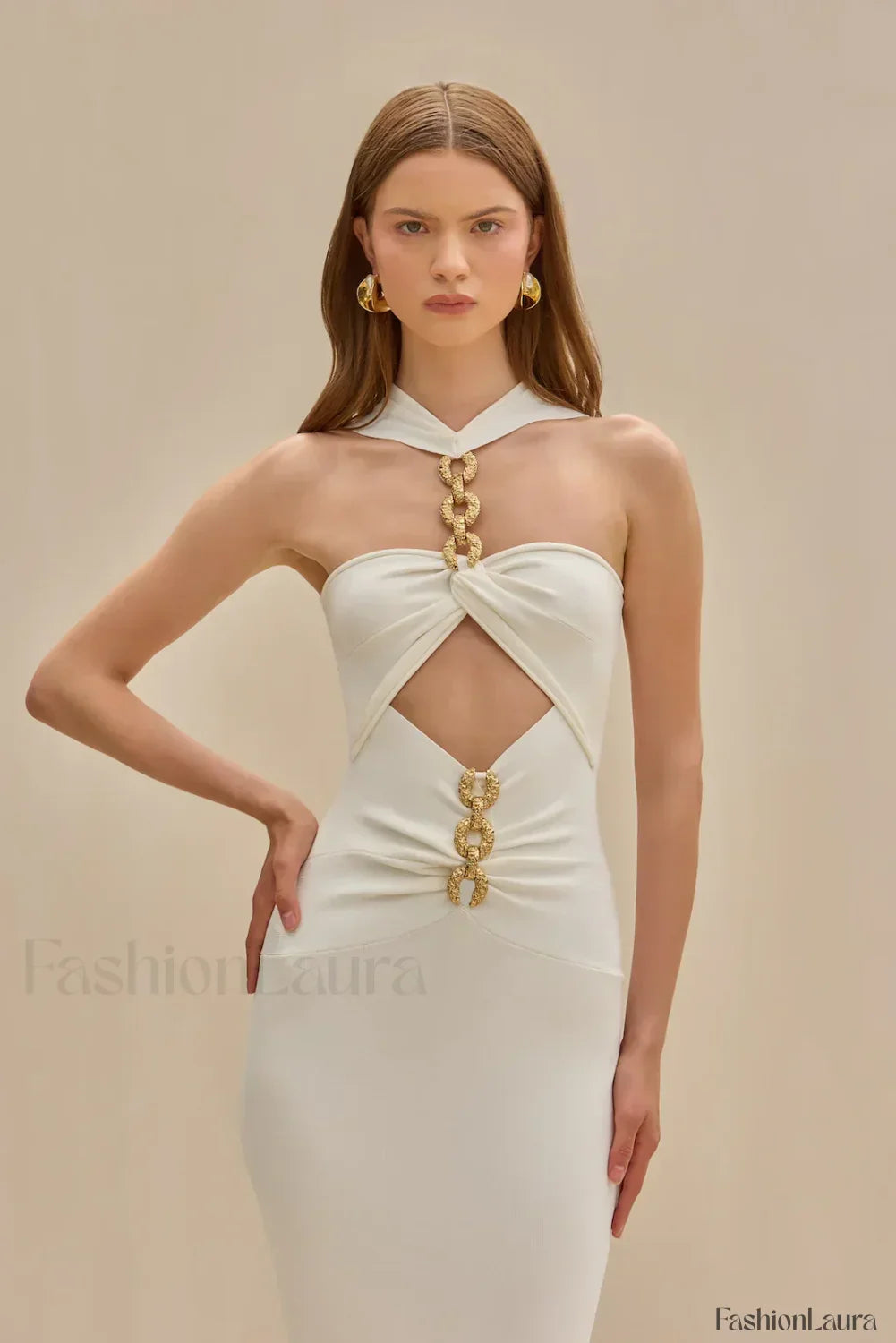 White Halter Bandage Midi Dress
