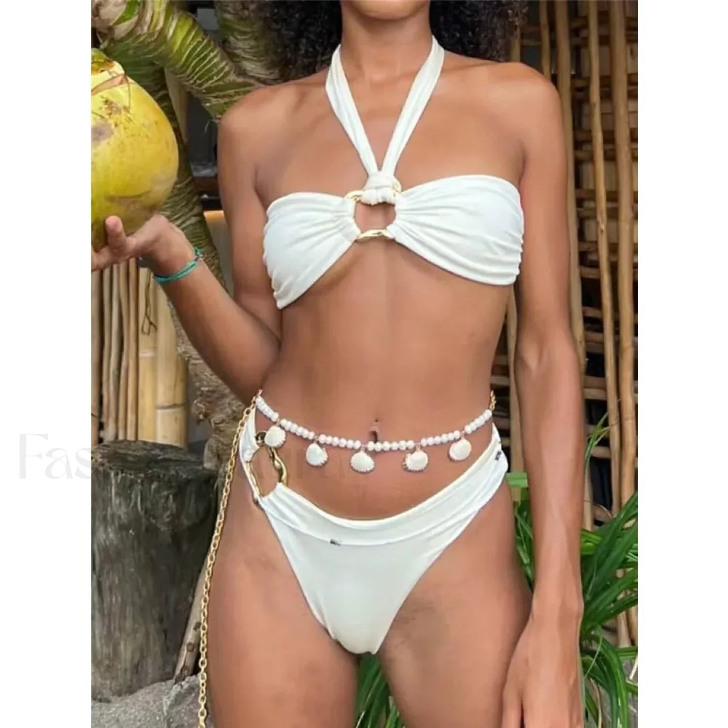 White Halter Low Waist Bikini Set WHITE / S