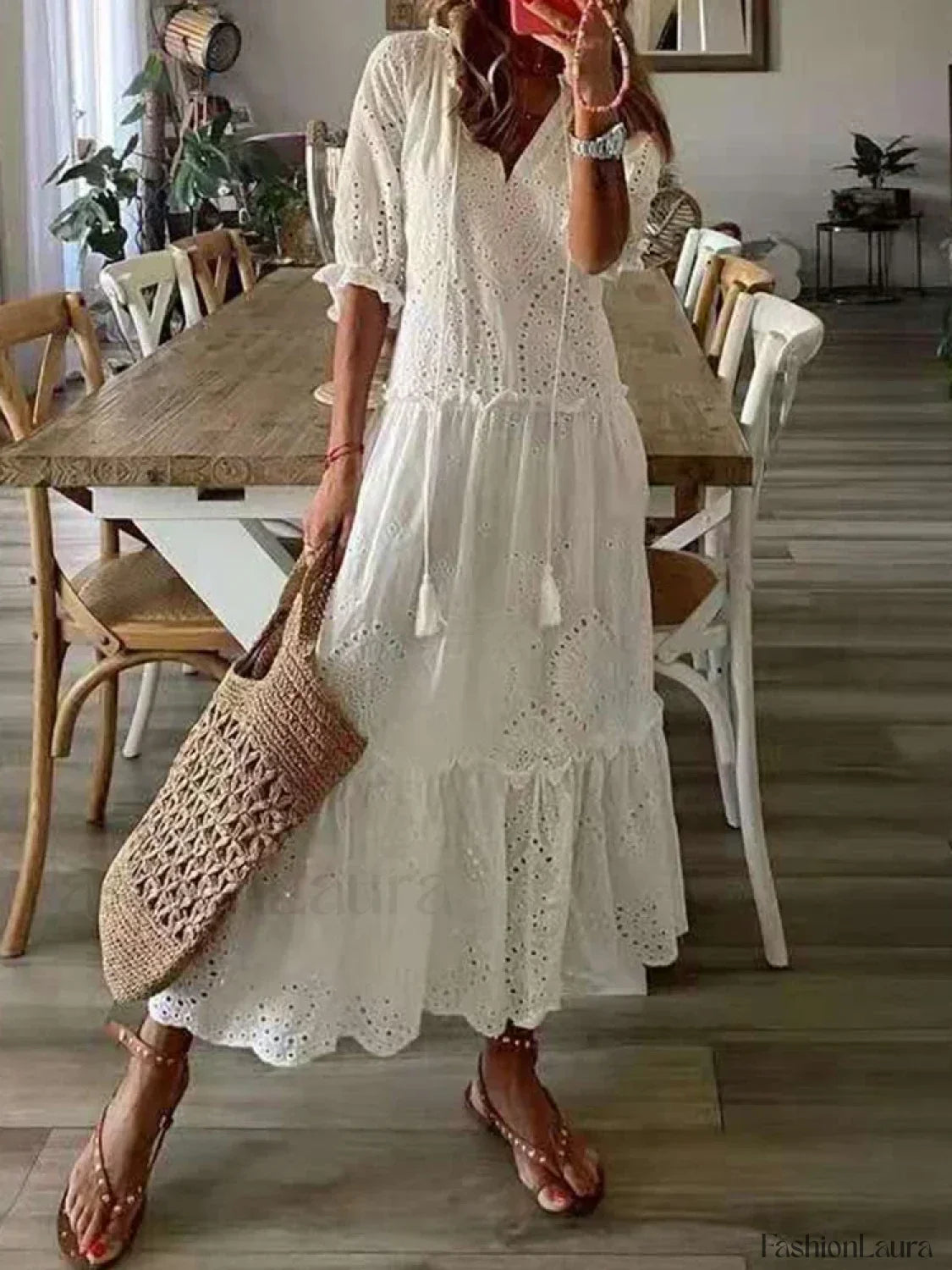 White Lace Hollow-Out Boho Dress