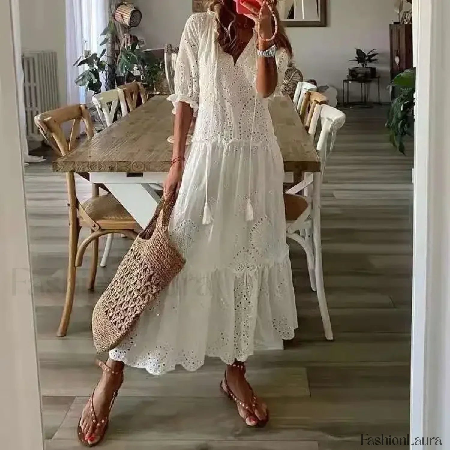 White Lace Hollow-Out Boho Dress