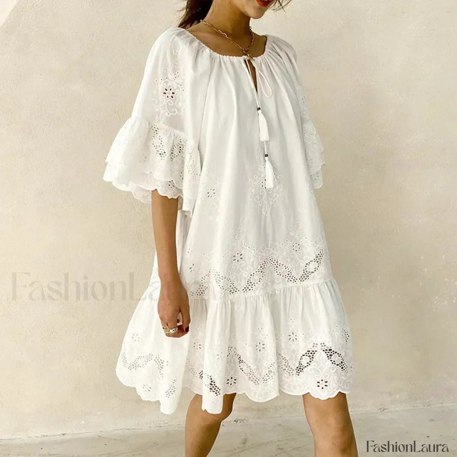 White Lace Pullover Boho Dress