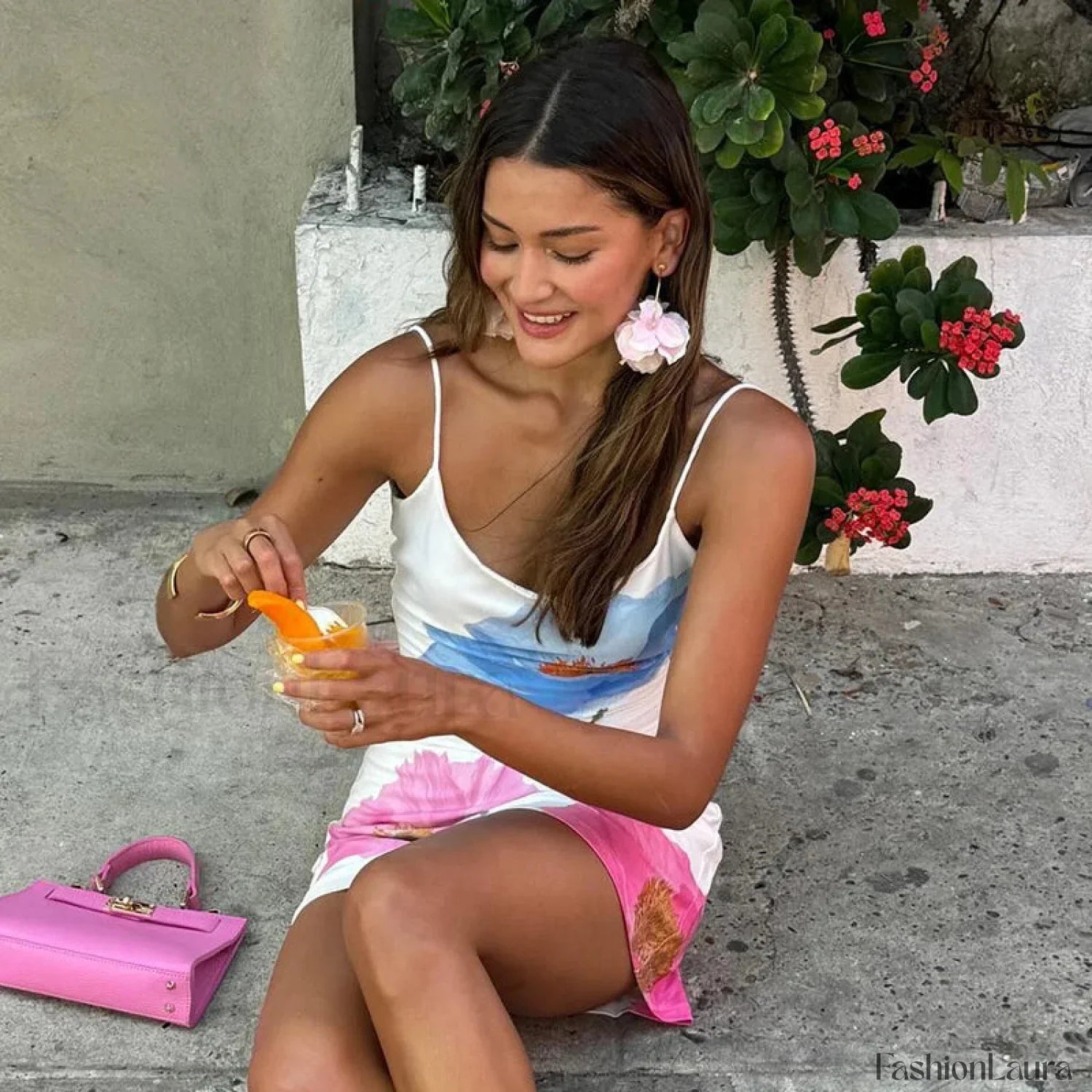 White O-Neck Print Mini Dress