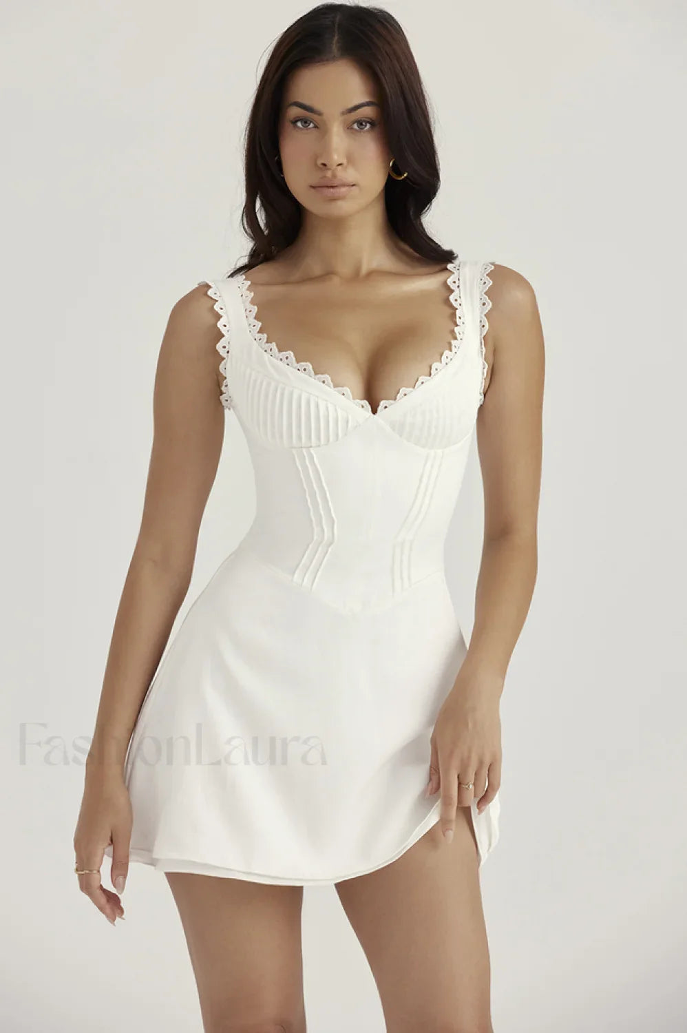 White Pin Stylish Pleated Mini Dress
