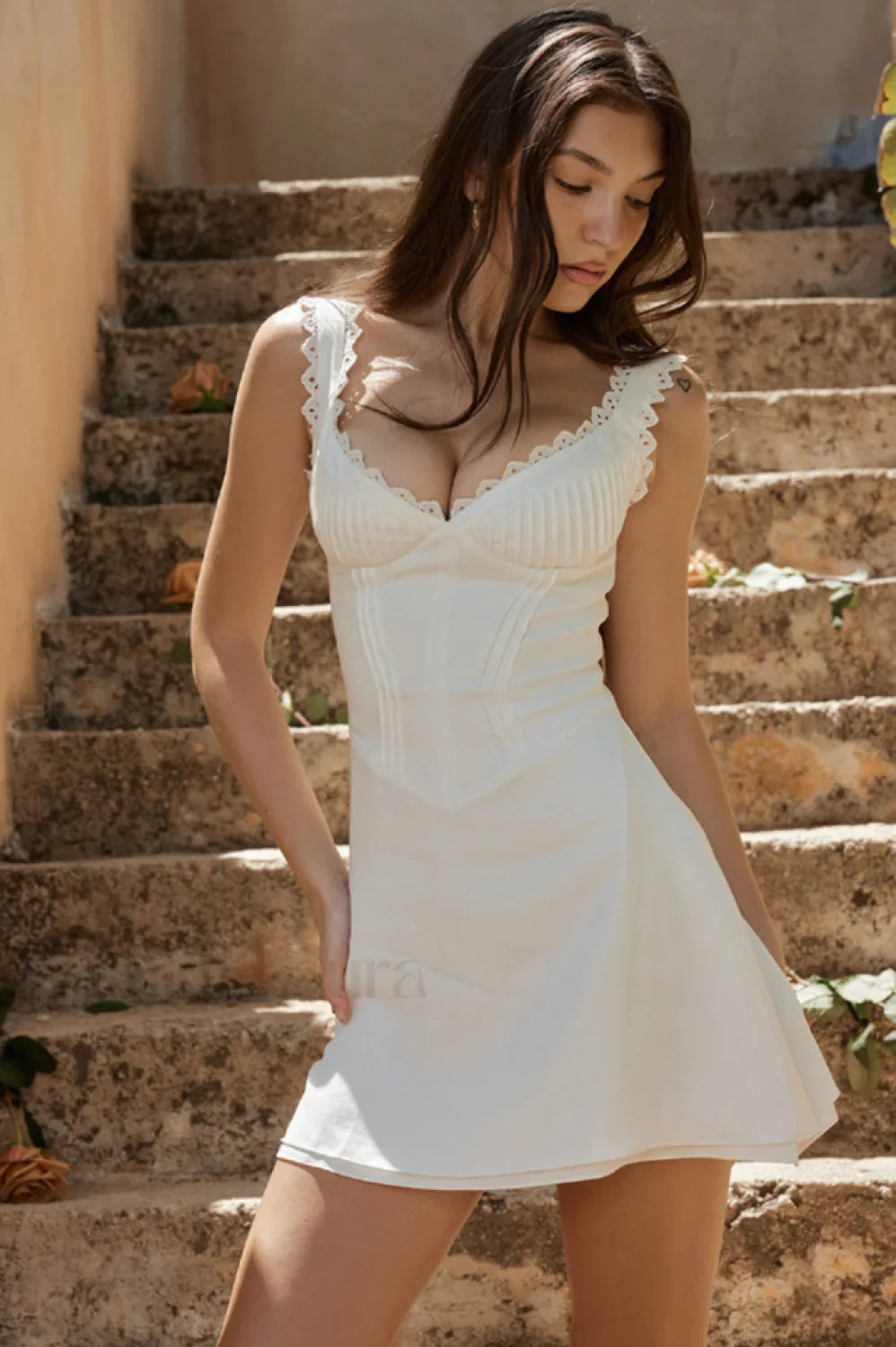 White Pin Stylish Pleated Mini Dress