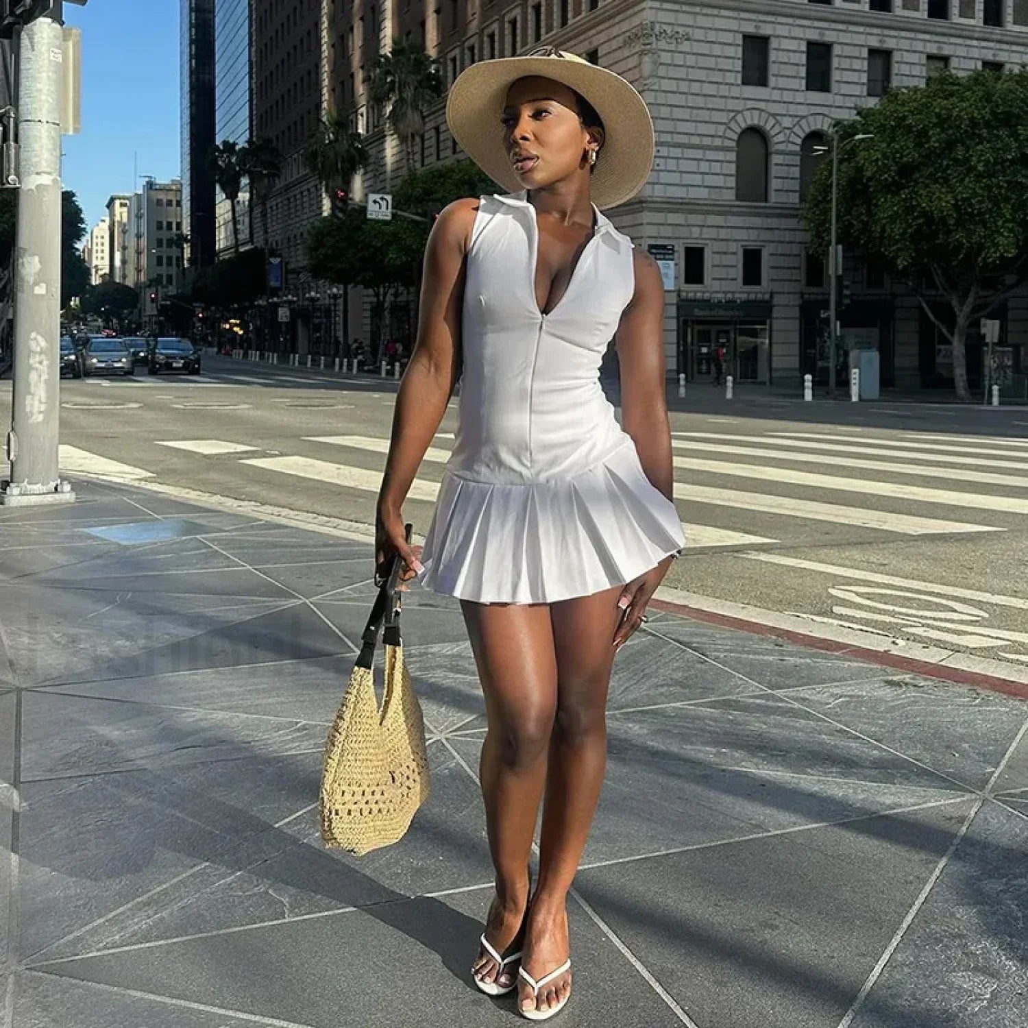 White Pleated Shirt Mini Dress WHITE / S