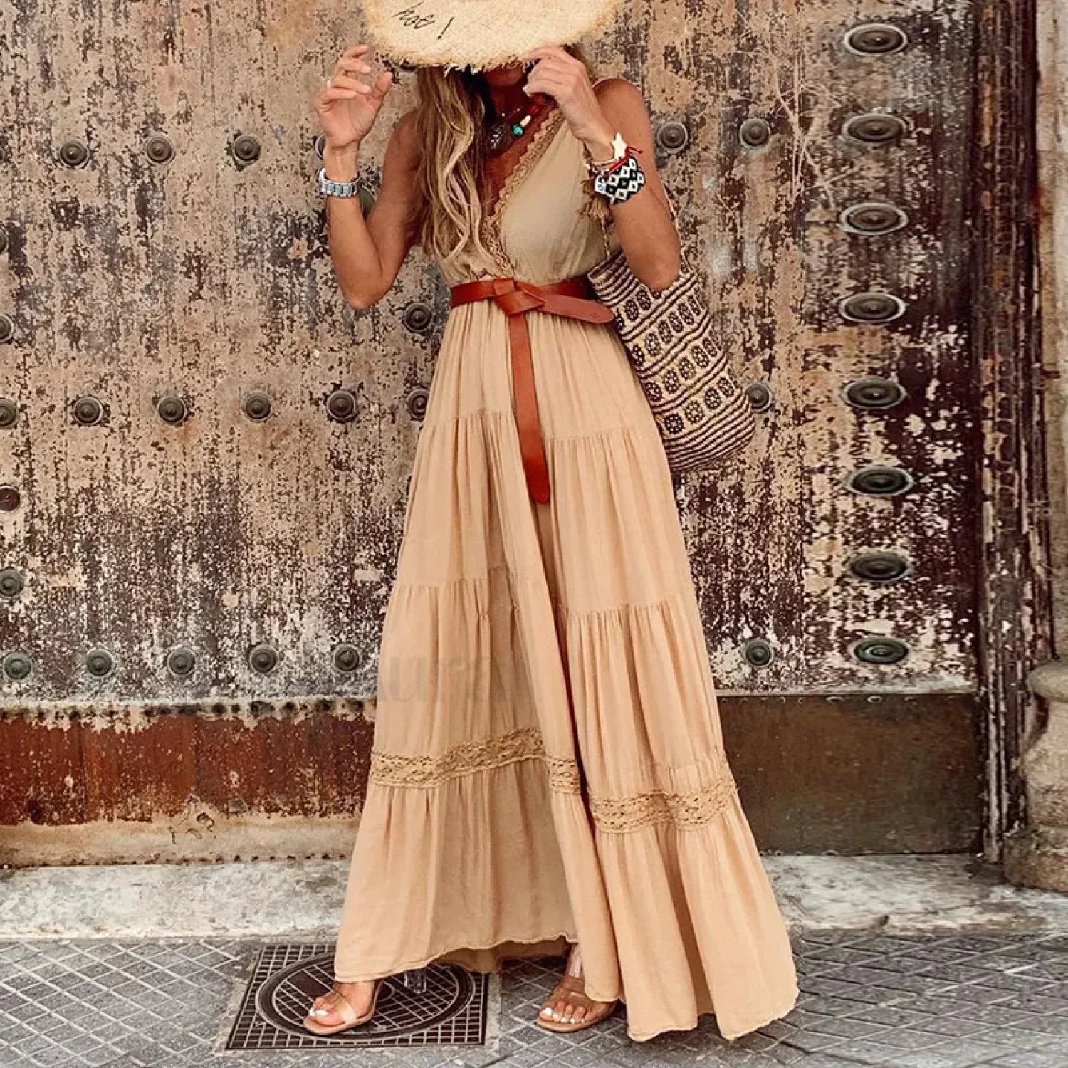 White Ruffled Cotton Boho Dress Khaki / S