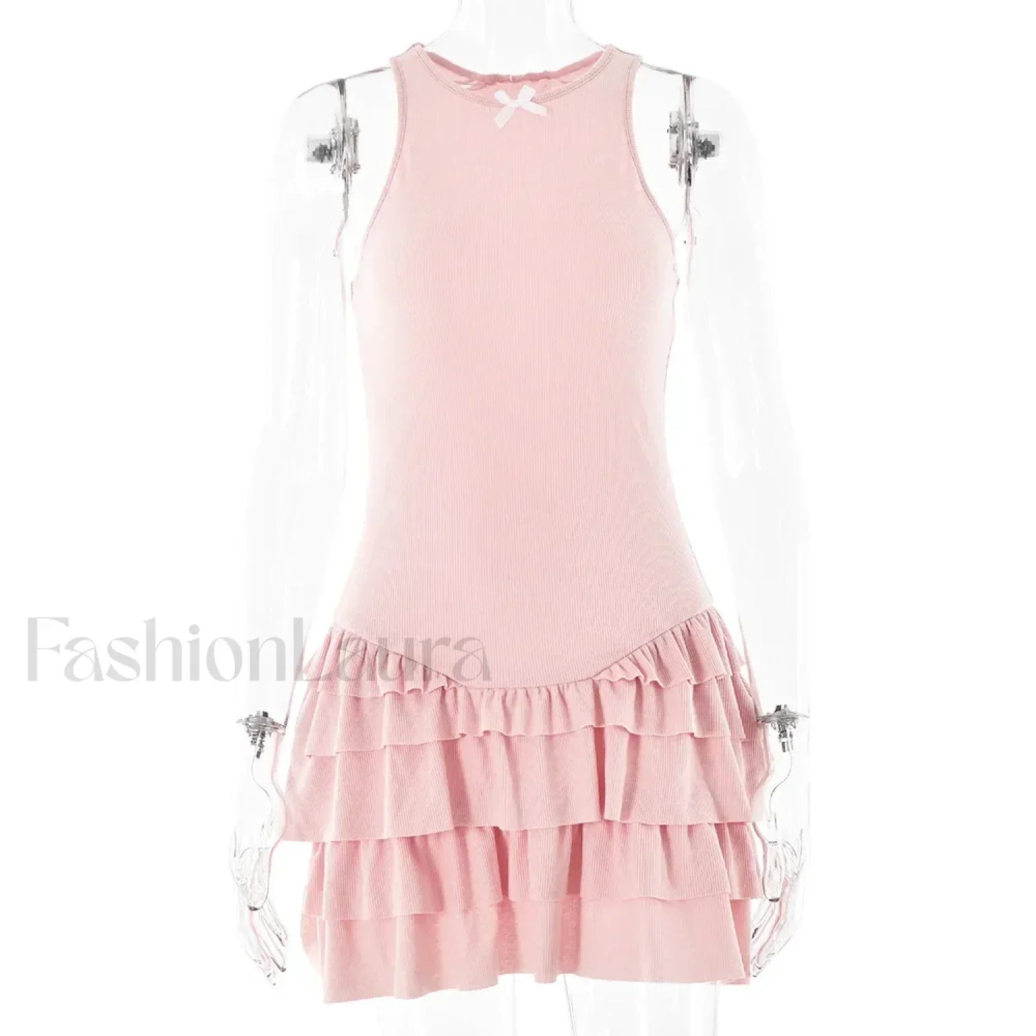 White Ruffles Summer Fashion Sleeveless Slim Tank 2024 Female O neck Casual Outfits Mini Dress Pink / S
