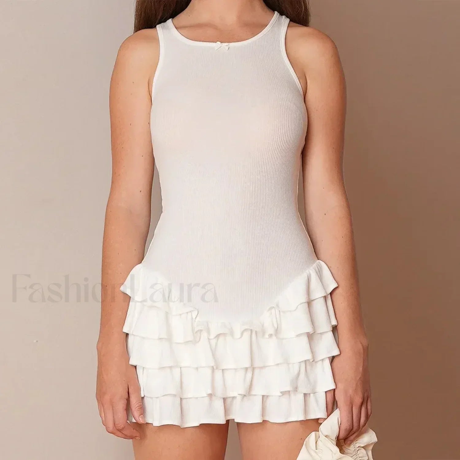 White Ruffles Summer Fashion Sleeveless Slim Tank 2024 Female O neck Casual Outfits Mini Dress White / S
