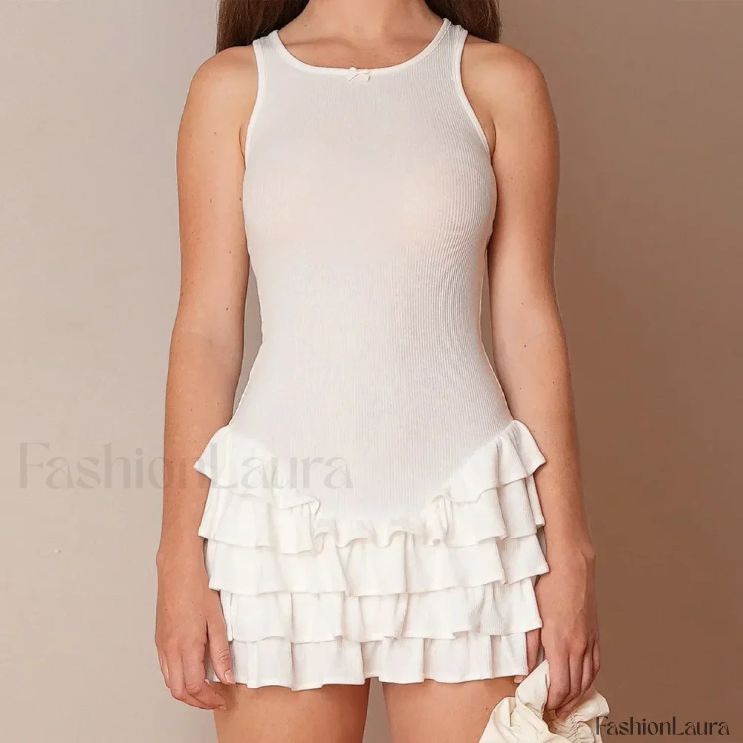 White Ruffles Summer Fashion Sleeveless Slim Tank 2024 Female O-neck Casual Outfits Mini Dress