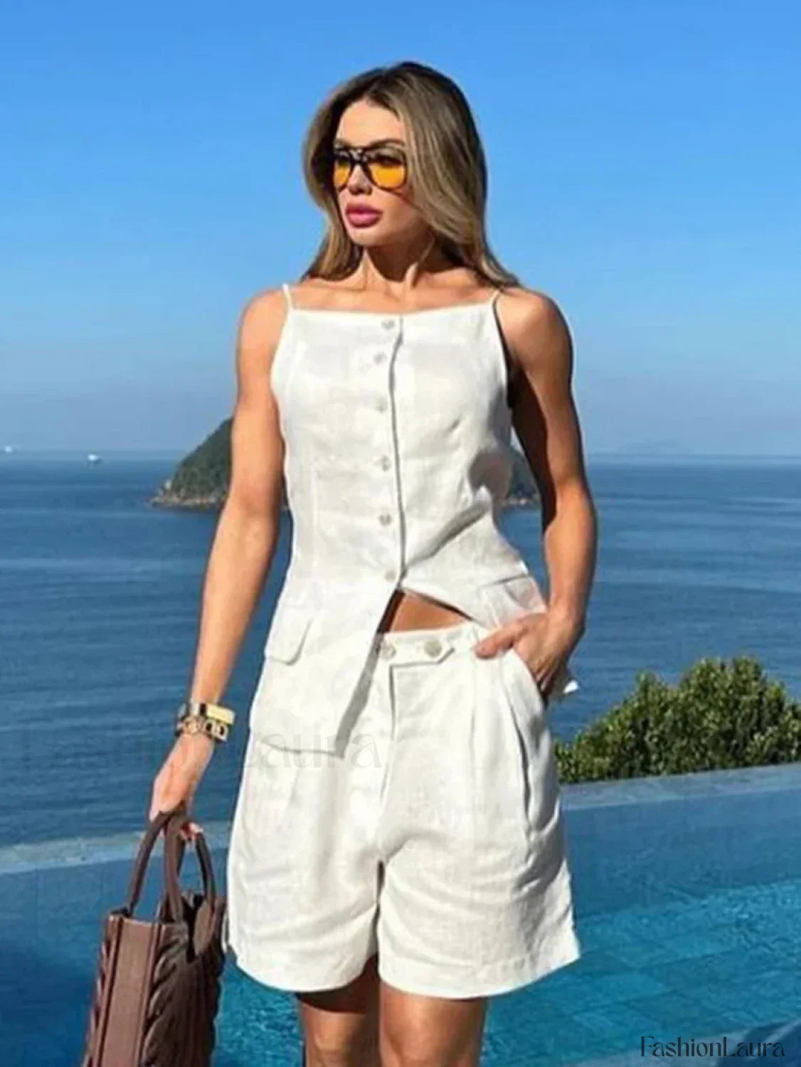 White Sleeveless Backless Shorts Two Piece Set
