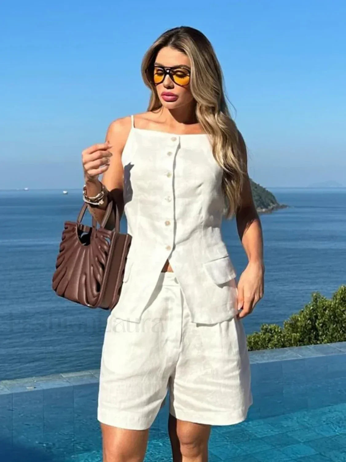 White Sleeveless Backless Shorts Two Piece Set