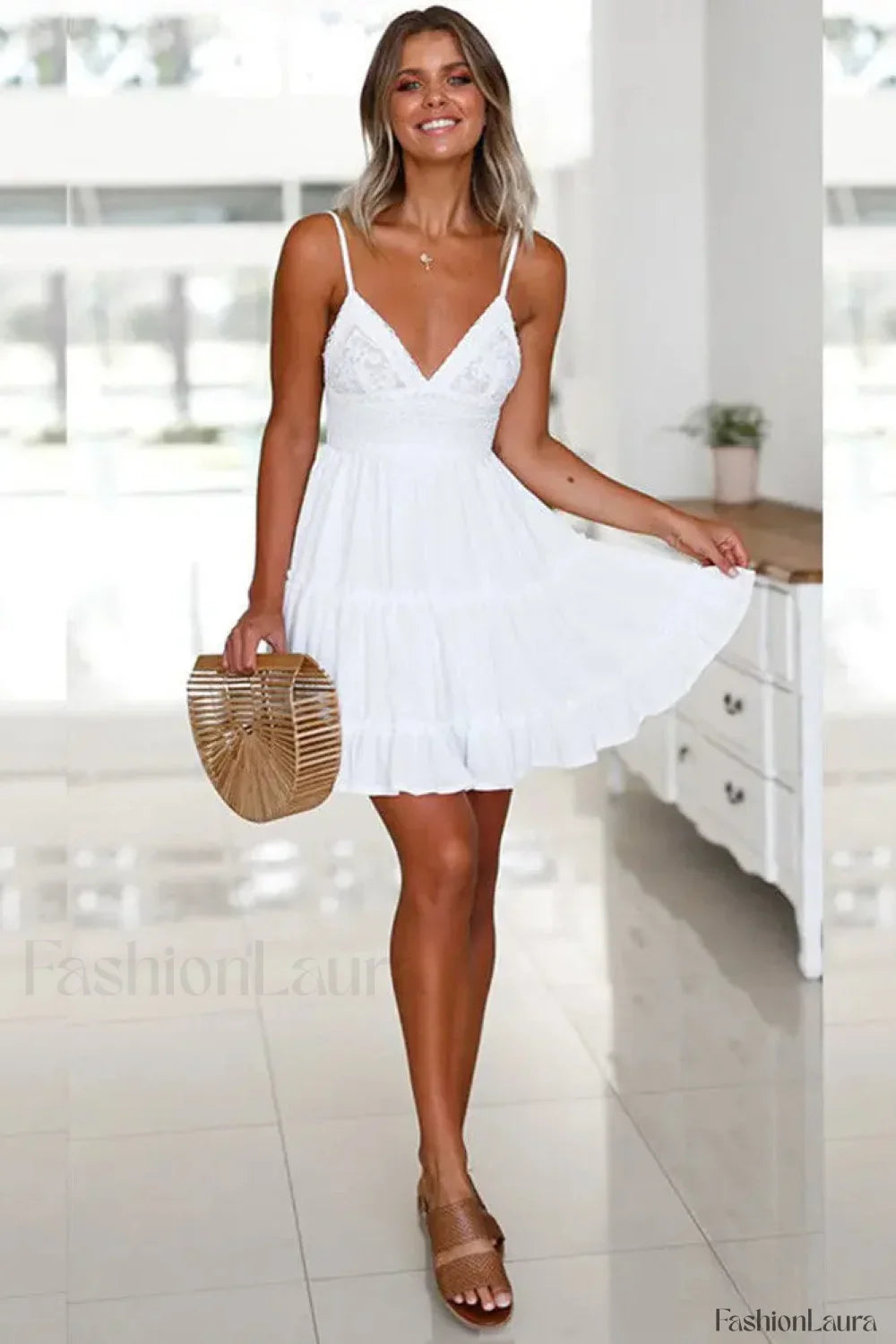 White Spaghetti Strap Mini Boho Dress