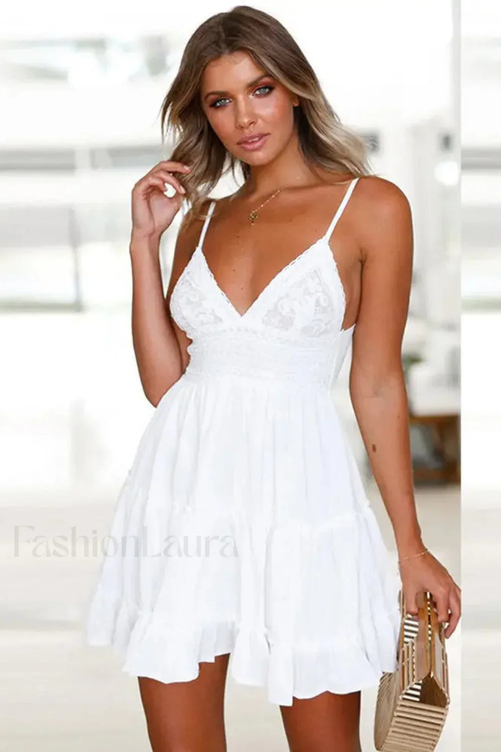 White Spaghetti Strap Mini Boho Dress White / S