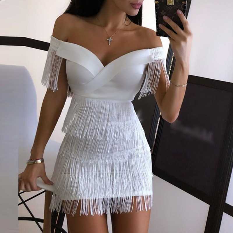 Off Shoulder Tiered Fringe Bodycon Mini Dress