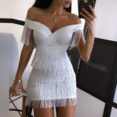 Off Shoulder Tiered Fringe Bodycon Mini Dress