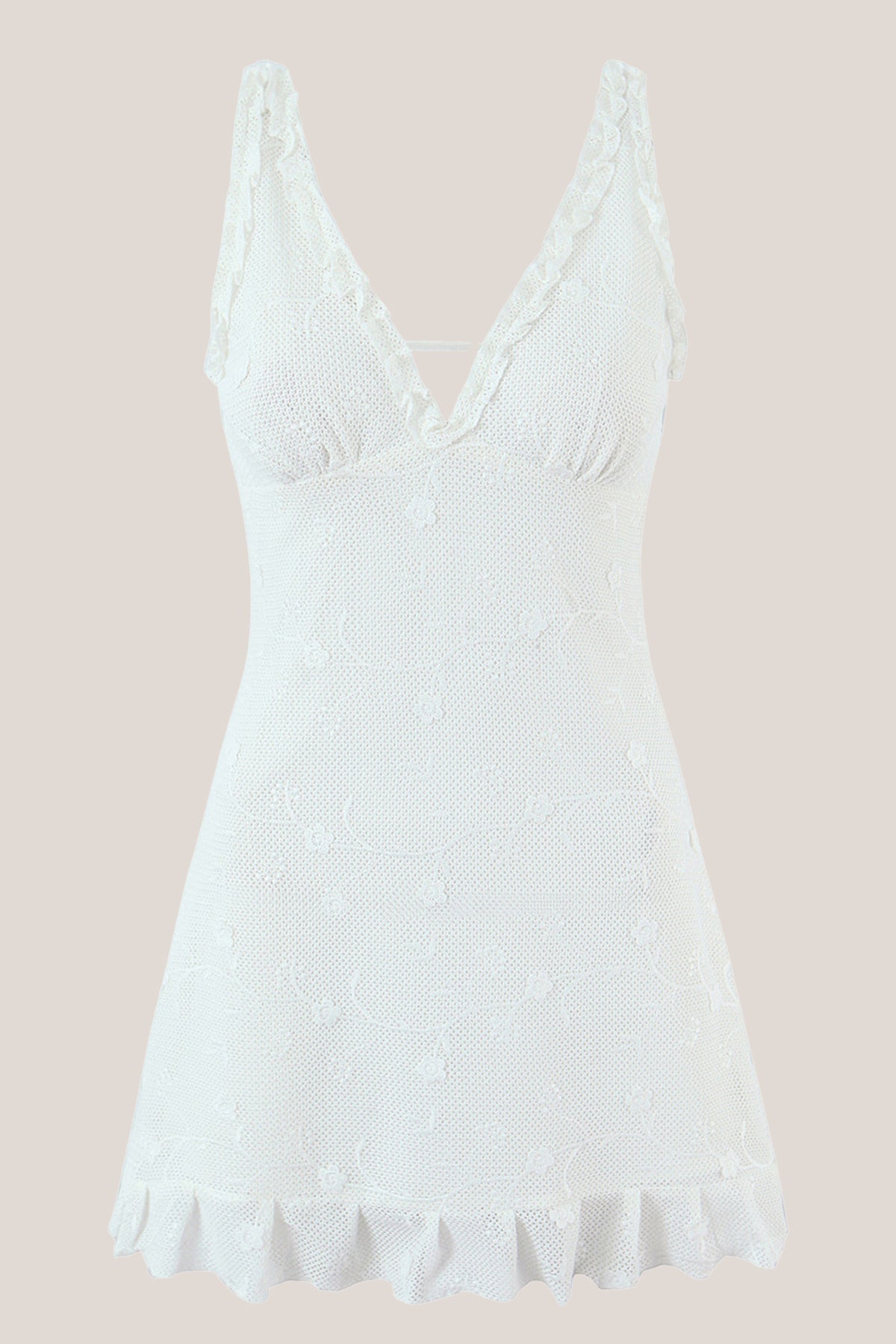 White V-Neck Tulle Ruffled A-Line Mini Dress