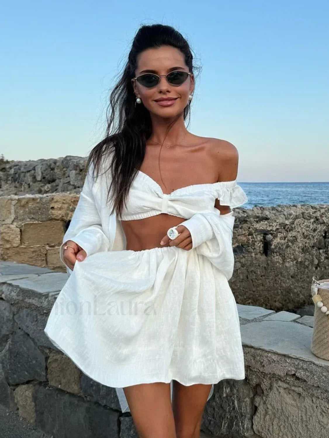 White V-Neck Sleepwear Shorts Two Piece Set