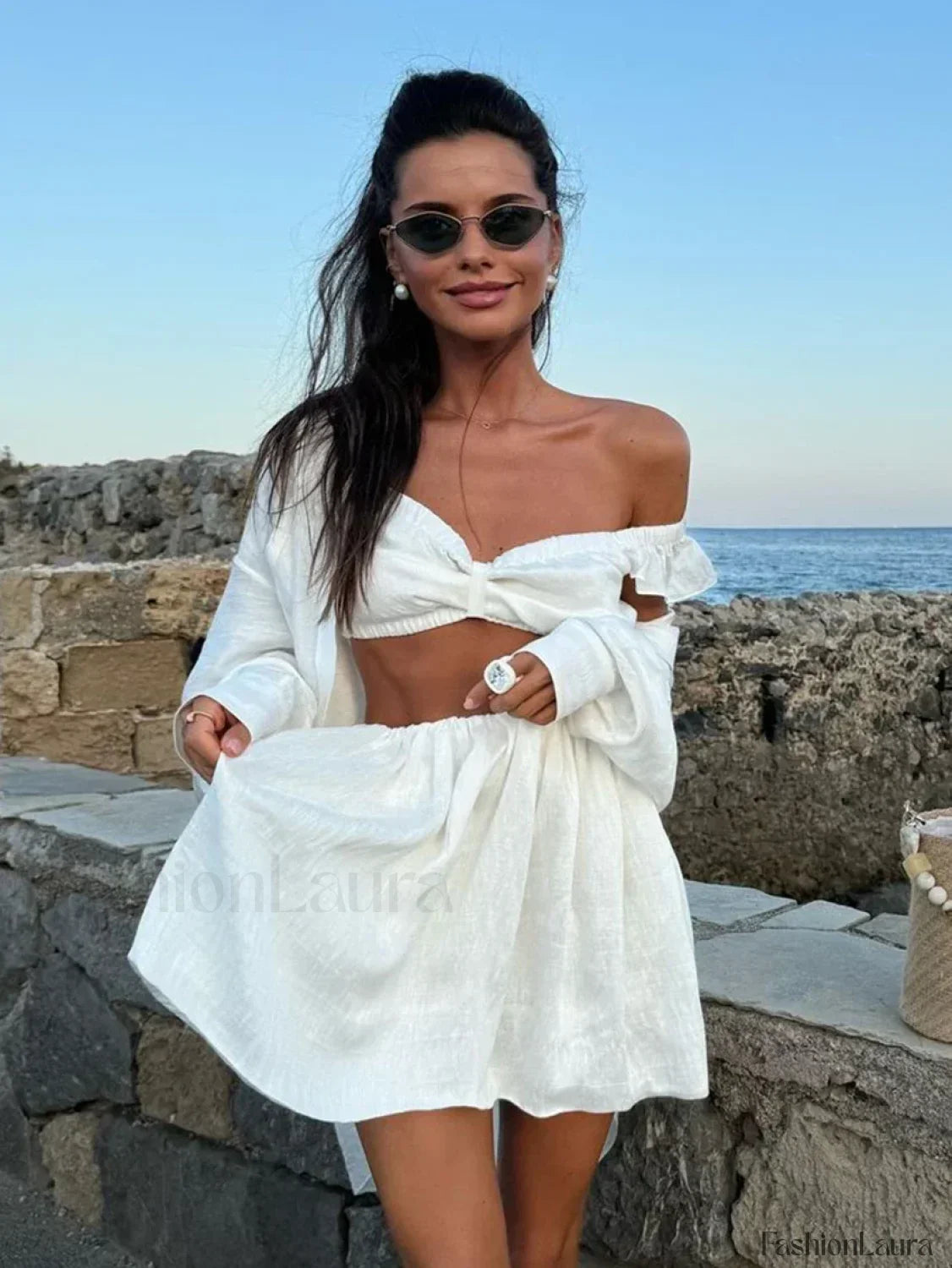 White V-Neck Sleepwear Shorts Two Piece Set