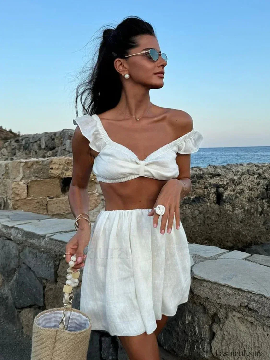 White V-Neck Sleepwear Shorts Two Piece Set