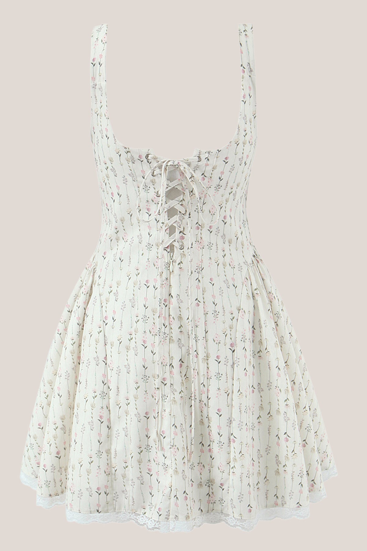 White Classic Rose Printed Lace Cotton Mini Dress